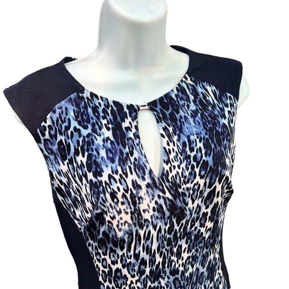 CACHE Stretch Sheath Dress Mini Blue Black Animal Print Sleeveless Size Small - Picture 2 of 7